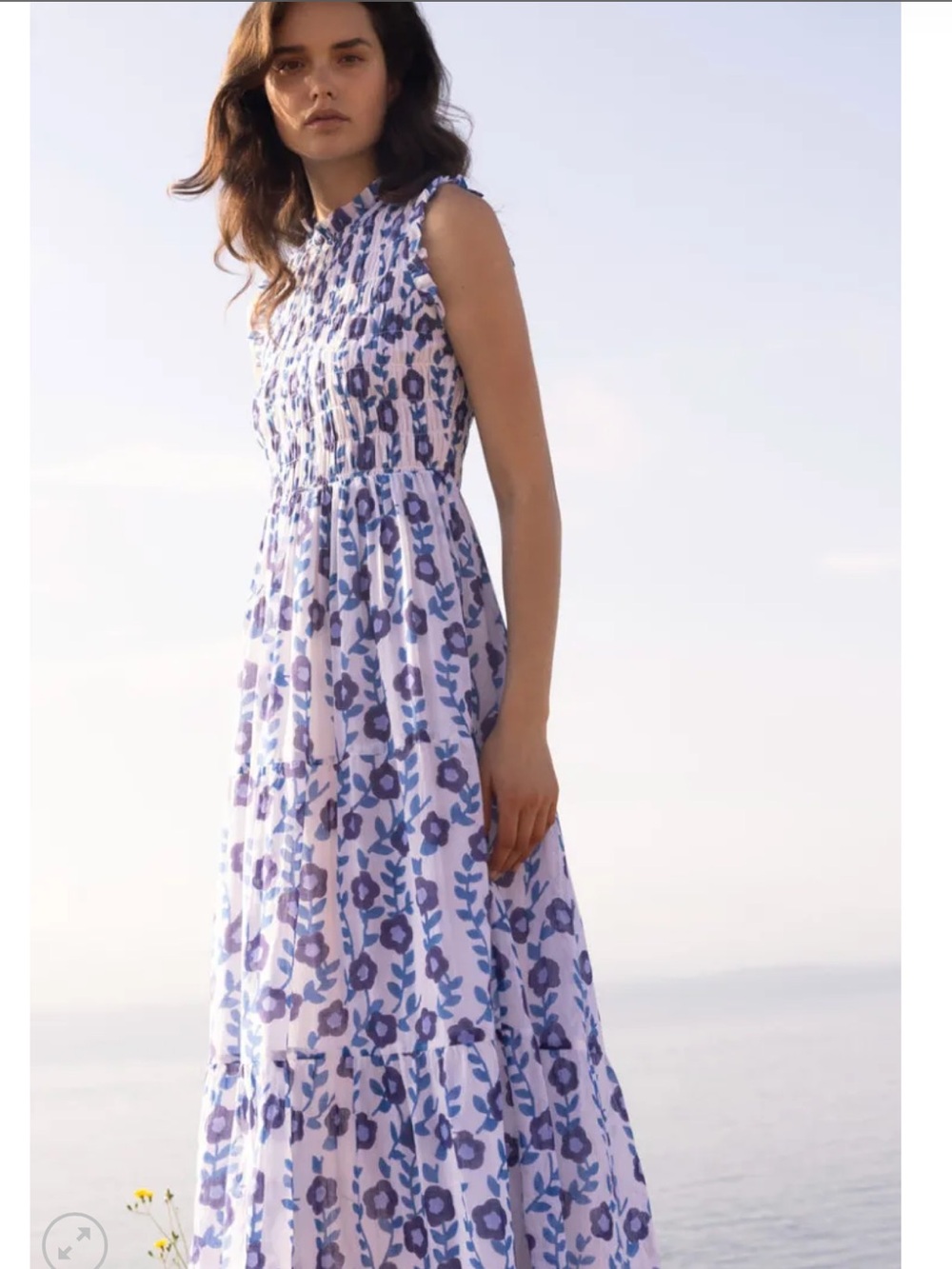 Oliphant Sleeveless Smocked Maxi- Toscana Blue Floral Tiered Maxi Dress XL
